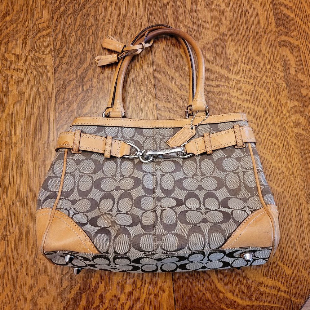 Classic Coach Design Satchel with Tan Leather Trim